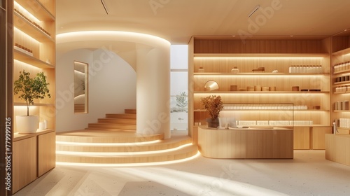 Modern homeopathy clinic with minimalist design. The reception area. Concept of contemporary natural medicine practice, eco-design, and welcoming healthcare space.