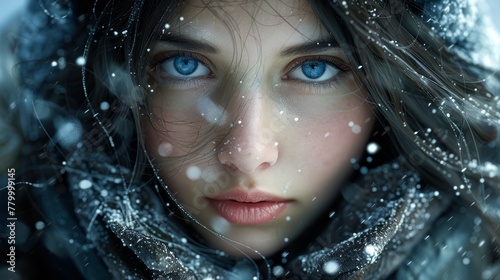  A woman's face, closely framed, as snowflakes gently fall around her, her hair billows in the wind