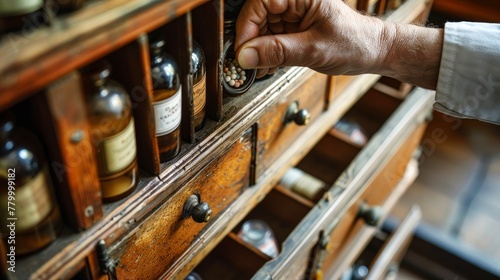 Homeopathic doctor's hand selecting a homeopathic remedy from a vintage wooden cabinet filled with neatly organized remedy bottles. Concept of Homeopathic treatment, alternative medicine