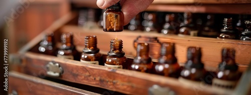 Homeopathic remedies neatly arranged in sliding wooden drawers. Rows of bottles in vintage apothecary drawers. Concept of classical homeopathy storage, preservation of natural medicines. photo