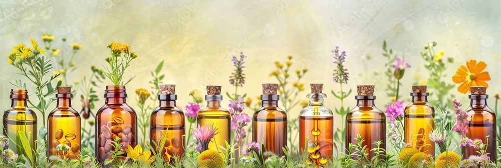 Array of glass vials with homeopathic pills and natural tinctures on lush backdrop of herbs and flowers. Variety of healing remedies. Concept of homeopathy, alternative medicine. Banner. Copy space - obrazy, fototapety, plakaty 