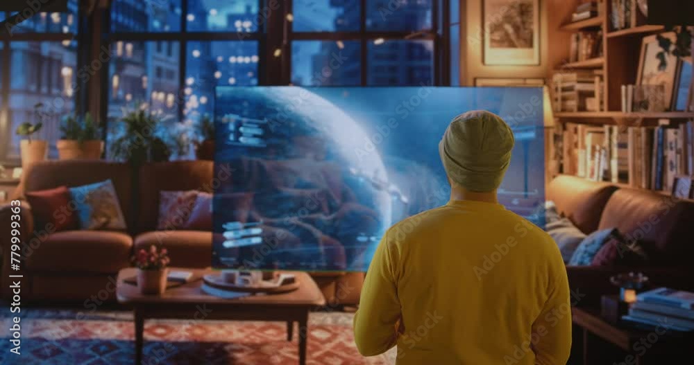 A Man Standing In Front Of A Tv In A Living Room Living Room Photorealism A Man Standing In Front Of A Tv In A Living Room Living Room Photorealism