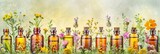 Array of glass vials with homeopathic pills and natural tinctures on lush backdrop of herbs and flowers. Variety of healing remedies. Concept of homeopathy, alternative medicine. Banner. Copy space