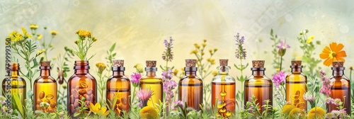 Array of glass vials with homeopathic pills and natural tinctures on lush backdrop of herbs and flowers. Variety of healing remedies. Concept of homeopathy, alternative medicine. Banner. Copy space photo
