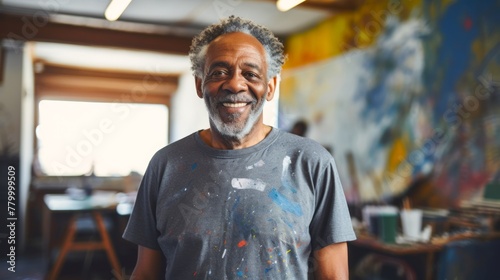Elderly smiling African American man painter next to his artwork in art studio. Concept of artistic talent, senior creativity, art therapy, interesting hobby, exciting leisure time, oil painting