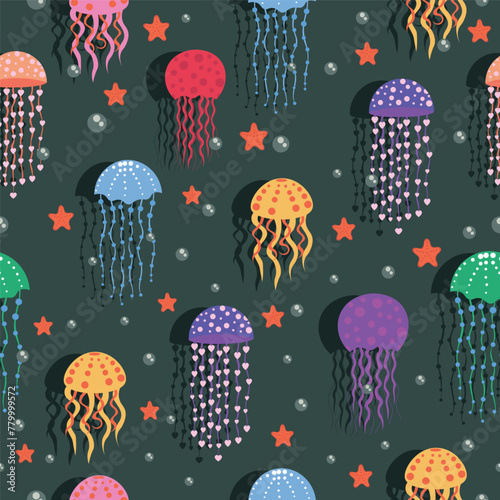 jellyfish seamless pattern in flat vector