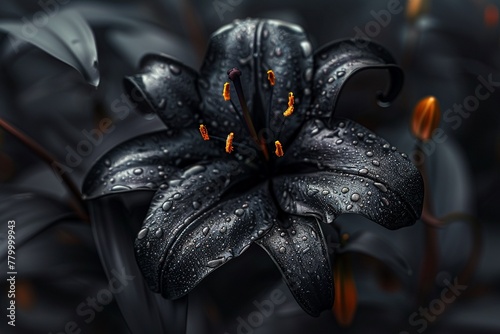 Generative AI imagines a black lily as the last remnant of life in a deceased world through the lens of camera