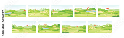 Green Golf Courses with Hole and Red Flag Pole Vector Set