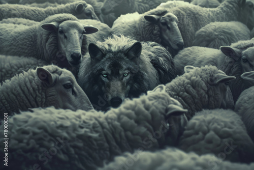 Illustration of a wolf in sheep's clothing among a flock of sheep, pretending to be a sheep.