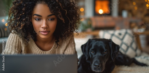 a woman sits in front of her laptop and goes to the hotel website, and a black Labrador lies next to her. The woman is carefully reading the information about the rules of accommodation with dogs