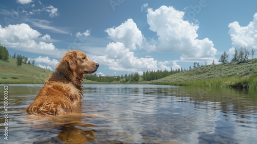a golden retriever enjoying a serene moment in a clear lake surrounded by a beautiful landscape.
