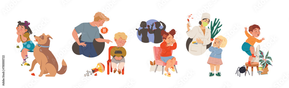 Φωτογραφία Children Fears with Scared Boy and Girl Vector Set