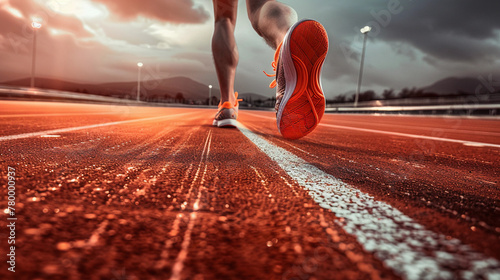 Close-up of sports shoes on a treadmill in a stadium, symbolizing daily jogging copy space for promotion. Sportsman in comfortable sneakers running along red rubberized track on urban ground