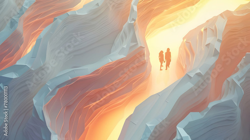 An abstract, geometric couple approaches a radiant light at the end of a surreal canyon, evoking a sense of discovery and hope. 