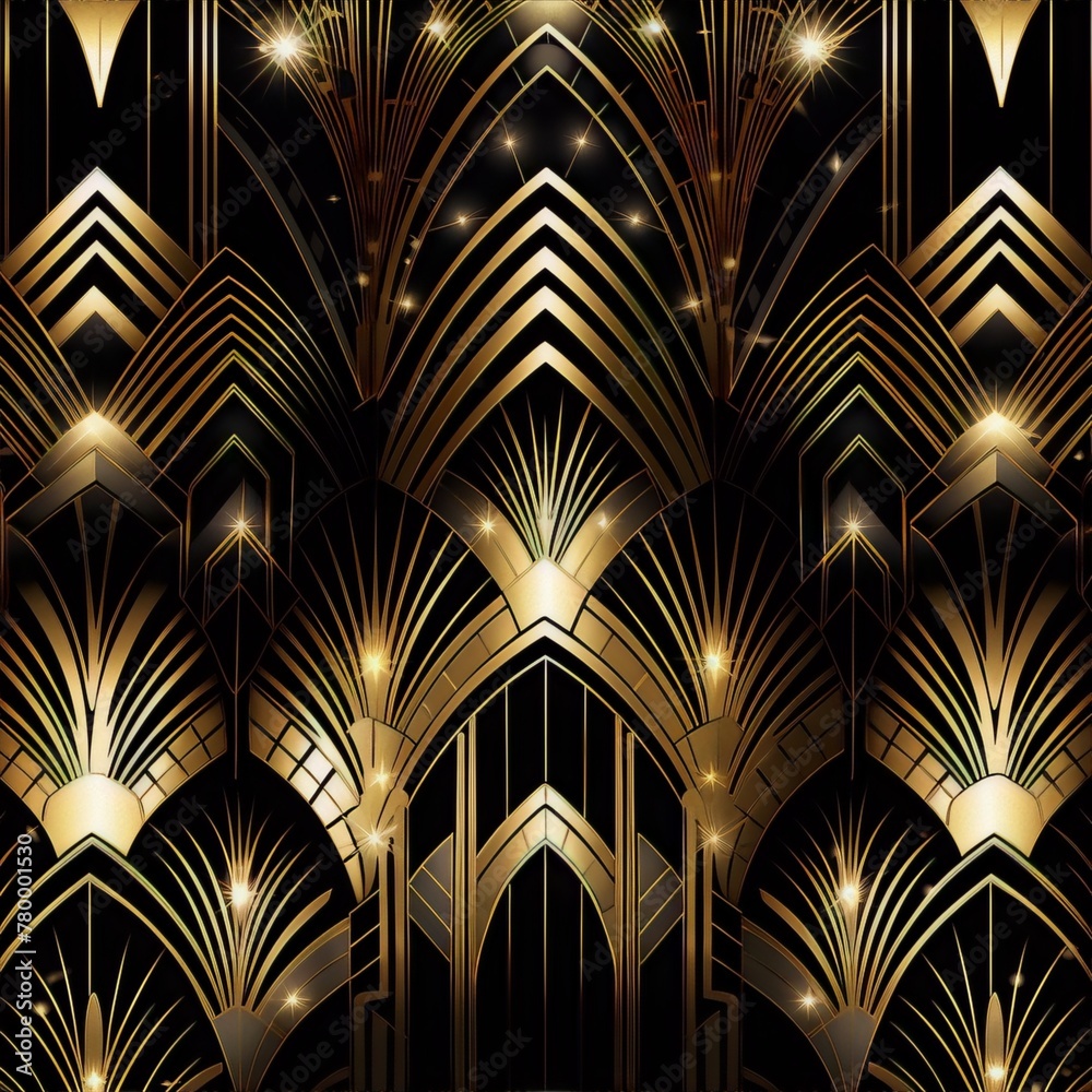 Art deco style golden ornament seamless pattern with black background