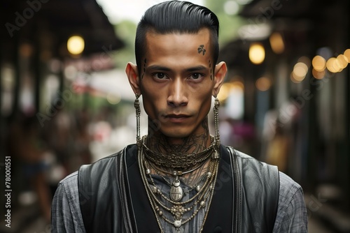 Hospitable Stereotypical Thai male. Native Thailand man with traditional rural clothing. Generate ai