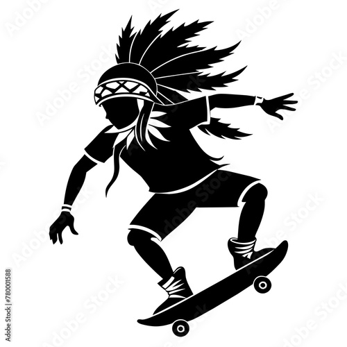Vector, SVG Native America playing Skateboard silhouette, laser cut, white background 