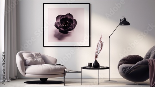Minimalist living room interior with a black and white flower picture, mauve pink round chair and black leather armchair photo