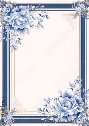 Blue and white chinoiserie floral frame with gold accents, suitable for home decor, fabric, and stationery.