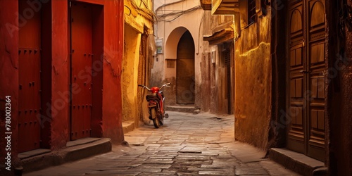 Narrow street with red motorbike in the medina of Marrakesh, Morocco.