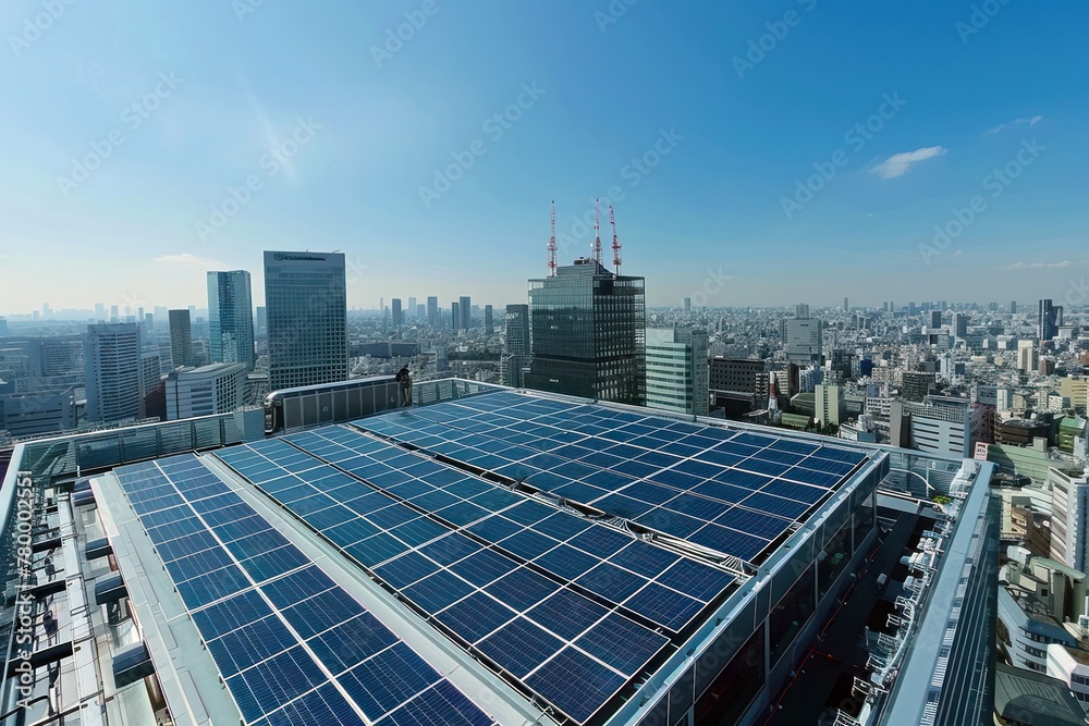 Des panneaux solaires sur le toit d'un immeuble de bureaux dans une grande ville, ciel bleu en arrière-plan, image avec espace pour texte. Des panneaux solaires sur le toit d'un immeuble de bureaux dans une grande ville, ciel bleu en arrière-plan, image avec espace pour texte.