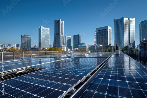 Des panneaux solaires sur le toit d'un immeuble de bureaux dans une grande ville, ciel bleu en arrière-plan, image avec espace pour texte. photo