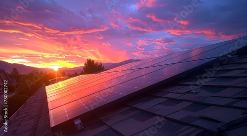 Des panneaux solaires sur le toit d'une maison avec un magnifique lever de soleil en arrière-plan. photo