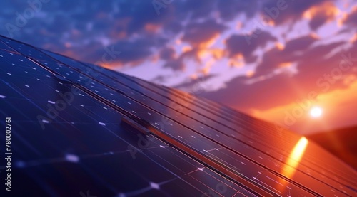 Des panneaux solaires sur le toit d'une maison avec un magnifique lever de soleil en arrière-plan.