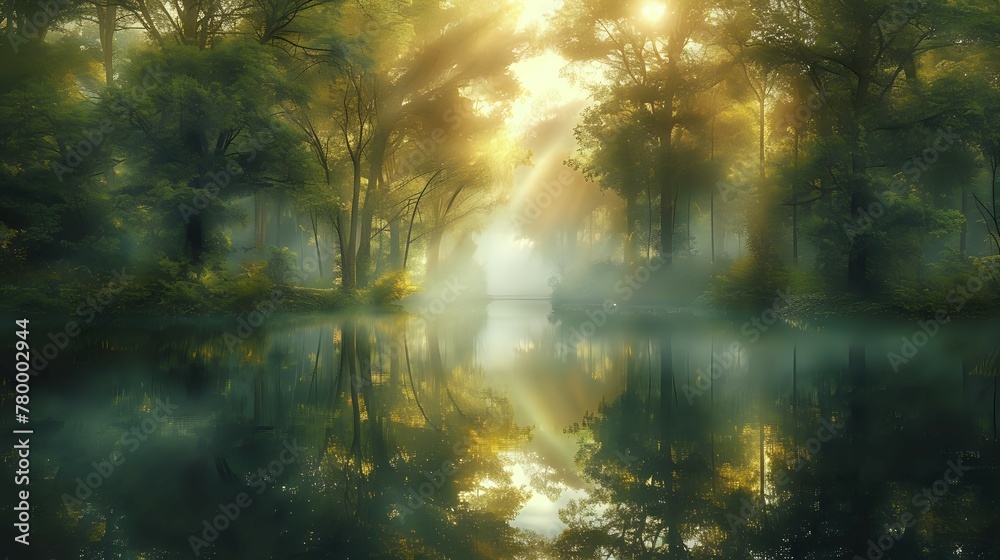 Dreamy Pond: Reflections of a Forest in Dawn's Light./n Dreamy Pond: Reflections of a Forest in Dawn's Light./n