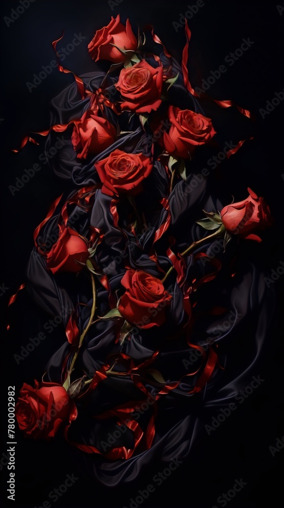 Black and red roses with flowing red ribbons on a black background, in a dark and dramatic still life style.