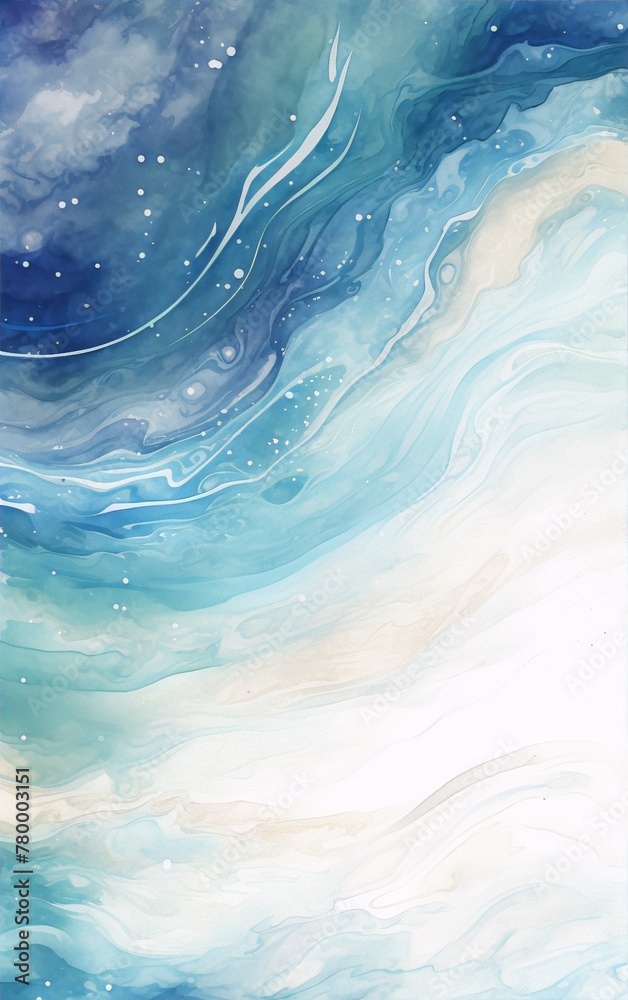 Abstract painting in blue and white with a fluid, marbled texture and a watercolor-like appearance.