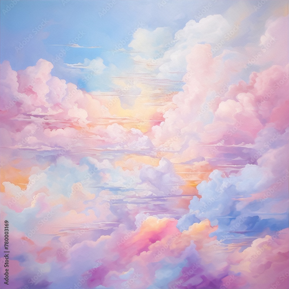 Painting of fluffy pink blue and violet clouds in a bright sky, in cartoon and surrealism style, for a dreamy and childlike bedroom or nursery.
