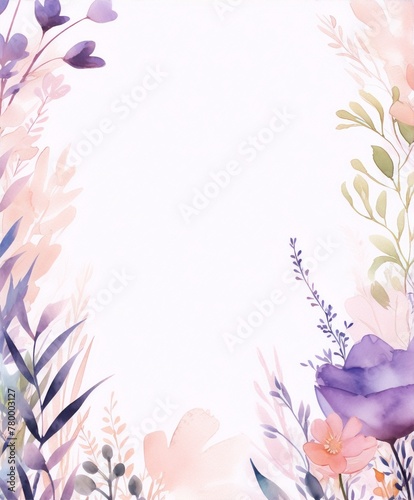 Delicate watercolor floral frame in soft pink, green and purple hues, perfect for wedding invitations, greeting cards, and other special occasions.