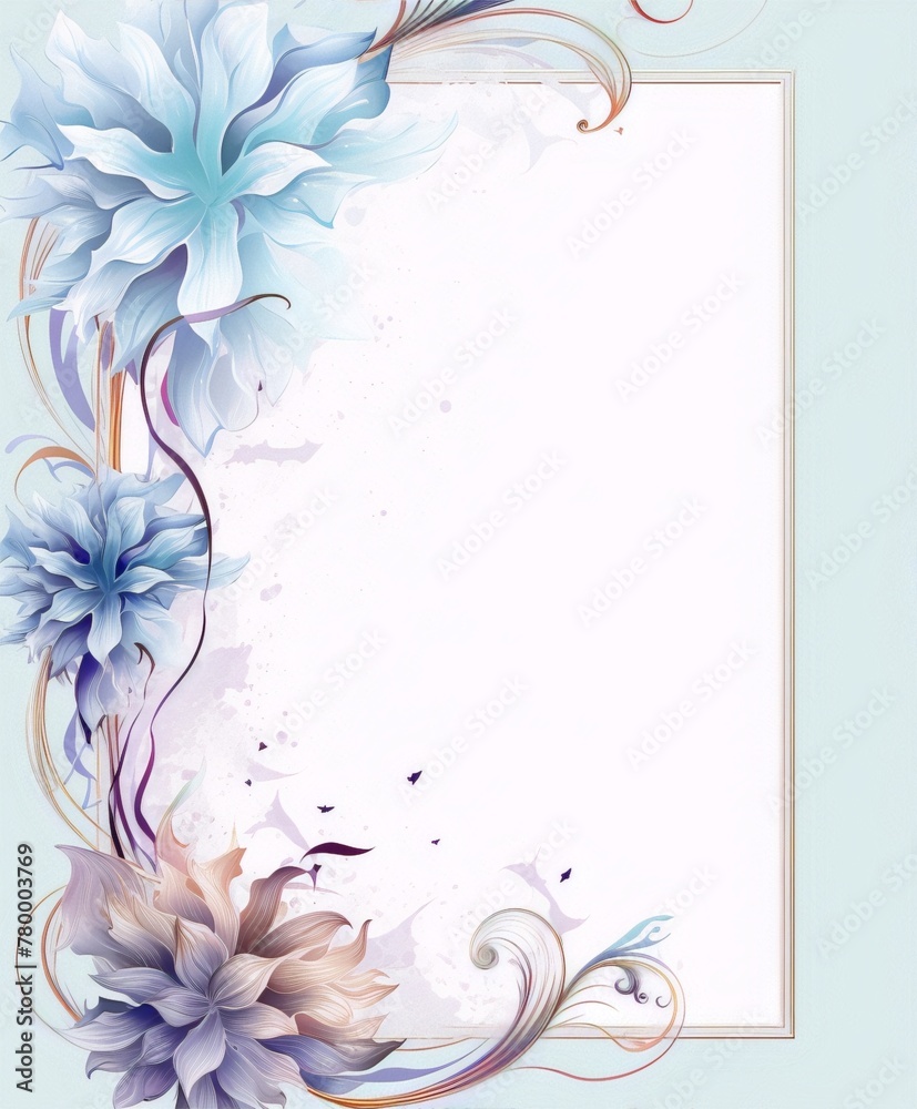 Blue and purple flowers with green leaves on a light blue background in a classic style with a splash of paint.