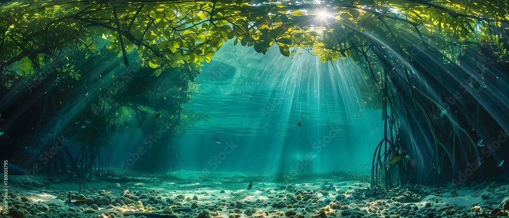 Submerged Serenity: Mangroves Bathed in Sunbeams. Concept Nature Photography, Sunlight Through Trees, Calm Waters, Mangrove Forests, Serene Landscapes