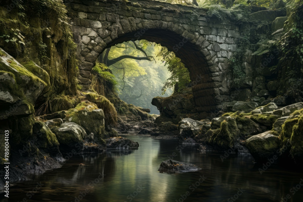 Fototapeta premium Ancient Stone arch river water. Ancient town. Generate Ai