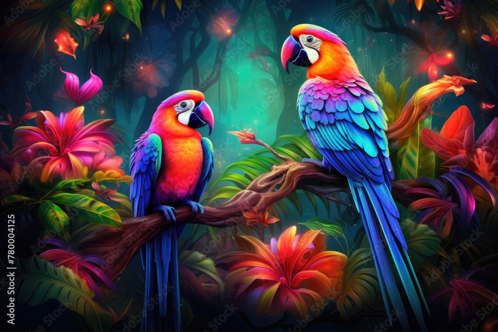 Abstract natural background with jungle flora and fauna. Parrots on background with exotic bright colorful leaves