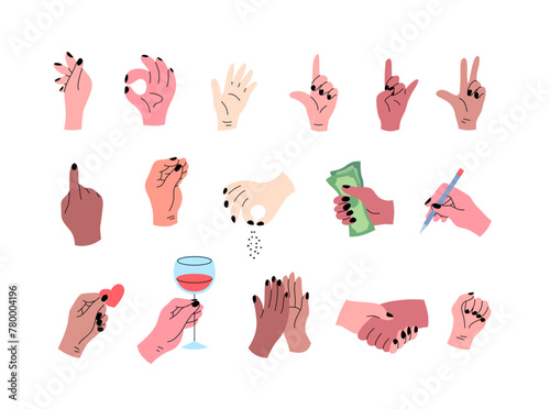 Cartoon Color Different Hand Gestures Set Concept Flat Design Style. Vector illustration of Arm Holding Banknote, Wine Glass and Pen