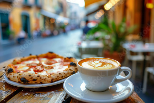 Fototapeta Naklejka Na Ścianę i Meble -  Cup of coffee and slices of pizza on wooden table at outdoor cafe with view on street in old town. Tourist has breakfast in beautiful place while traveling