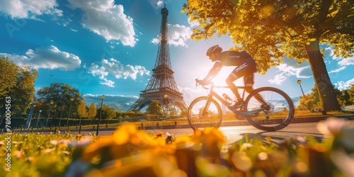 Cyclist in the park and the Eiffel Tower. A man in sports equipment rides a bicycle. Paris in spring. photo