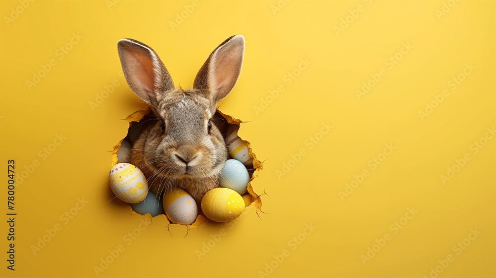 Fototapeta premium Easter brown bunny with Easter eggs peeks out from a hole in the wall. Yellow background, copy space for text. Concept Easter Holiday. Design of cards, posters. 