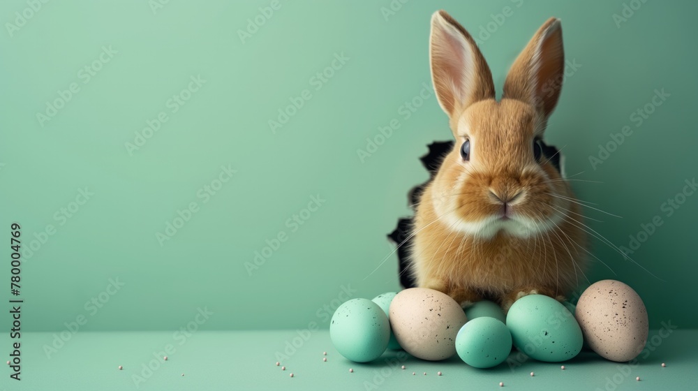Easter ginger bunny with Easter eggs peeks out from a hole in the wall, green background color, space for copy text. Concept Easter Holiday. Design of cards, posters. Easter ginger bunny with Easter eggs peeks out from a hole in the wall, green background color, space for copy text. Concept Easter Holiday. Design of cards, posters.