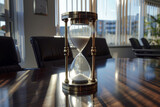 Hourglass counts down time on desk in office. Accounting for working hours. Time management concept