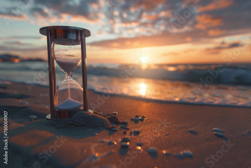 Hourglass on sand beach at sunset. Sand passing through glass bulbs. Captured passing moments and time is running out concept
