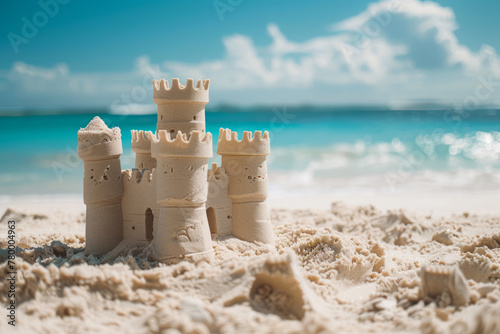Sand castle on sunny sea beach. Children entertainment on sand beach during summer holidays