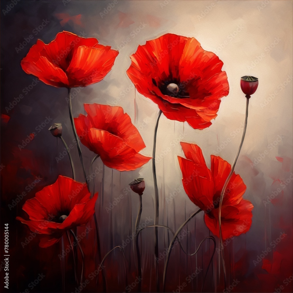 Obraz premium vibrant red poppies with dark centers against a stormy sky, painted in an impressionist style with bold brushstrokes
