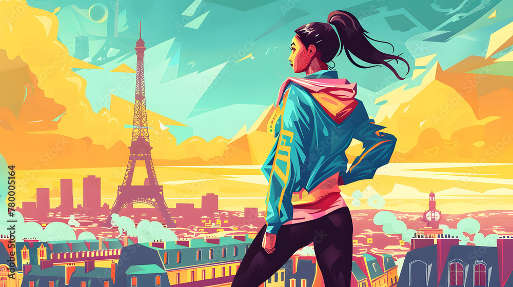 Illustration of a Young Woman with a Sports Jacket and the Eifel Tower in the Background
