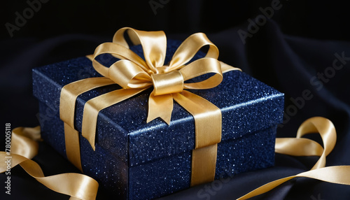 A blue gift box with a shiny gold ribbon adorned on top, creating a striking contrast.