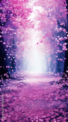 Pink trees and petals in a magical forest with a bright light at the end of the path, digital art, concept art, fantasy, pink, purple, blue, violet, white