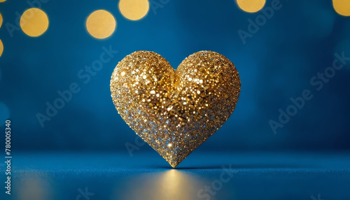 A shiny gold heart-shaped object rests on a bright blue surface, creating a striking contrast in color and shape.